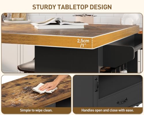 Image of Rolling Kitchen Island with 360 Swivel Tabletop, Large Kitchen Island Table with Power Outlet, Mobile Kitchen Island Cart with Storage Cabinets for Kitchen & Office, Black and Rustic Brown