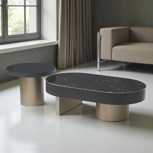 Image of The Attic Noir Luxe Coffee Table Set of 2 | Black Marble Finish | Modern Center & Side Table Combo for Living Room | Metal Base | Stylish Designer Furniture
