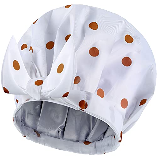 Women Shower Cap Reusable Bowknot Bathing Cap Waterproof Shower Hair Cap Adjustable Satin Lined Shower hat Double Layer Bath Caps for Women Long Short Hair (Polka Dot Pattern)