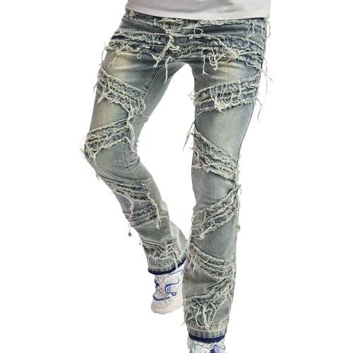 Mens Frayed Stacked Jeans Ripped Slim Fit Distressed Denim Pants Y2K Style Soyellow Streetwear Look