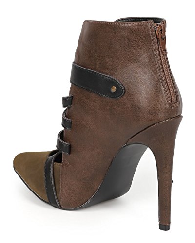 Women Mix Media Color Block Strappy Stiletto Pump Zipper Bootie Ch78 - Khaki (Size: 9.0) #TOP2