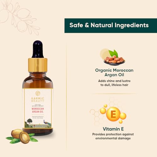 Image of Karmic Beauty 100% Moroccan Argan Oil | Pure, Natural & Organic | USDA Certified | Lightweight, Non-Greasy & Luxurious Oil | Ideal for all Hair, Skin & Body Types | 30 ml