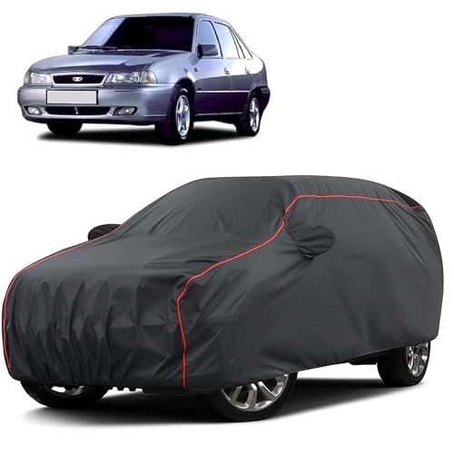 Image of Sulfar 100% Water Resistant Car Body Cover Compatible with Mirror for Daewoo Cielo (Triple Stitched, Full Bottom Elastic, Dark Grey Taffeta with Red Piping)