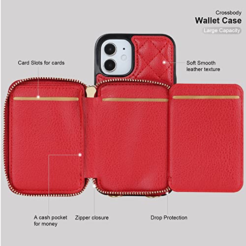 Bocasal Crossbody Wallet Case For Iphone 12 Mini, Rfid Blocking Pu Leather Zipper Handbag Purse Flip Cover, Kickstand Folio Case With Card Slots Holder Wrist Strap Lanyard 5G 5.4 Inch (Red) #TOP6