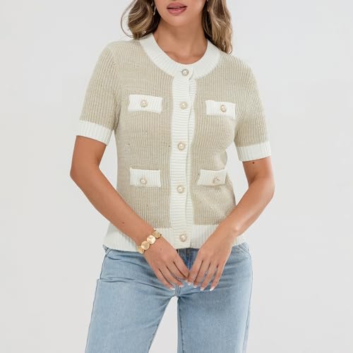 Image of Womens Short Sleeve Button Down Cardigans Sweater Cropped Lightweight Crew Neck Elegant Knit Tops with Pockets