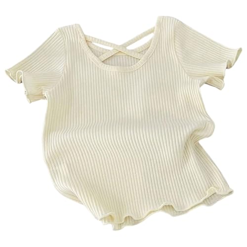 Kids Girls Ruffle Sleeve Shirts Ribbed Knit Cute Tops Crew Neck Summer T Shirts Outdoor Casual Playground
