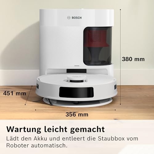 Bosch Spotless + BCRD1W Saugroboter mit Wischfunktion, 11.000 Pa Saugkraft, Wischpad, Trocken-Servicestation, Smart Vision Navigation mit Infrarot-Licht, Steuerung per App, weiß
