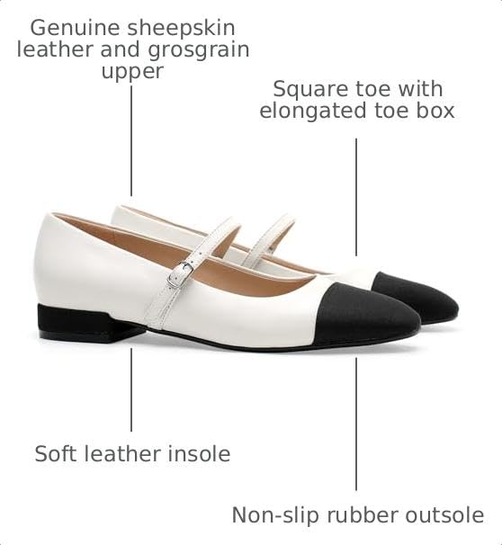 Image of Women's Genuine Leather Mary Jane Shoes Square Toe Flats | Dressy Ballet Flats with Ankle Strap Dressy Office Shoes