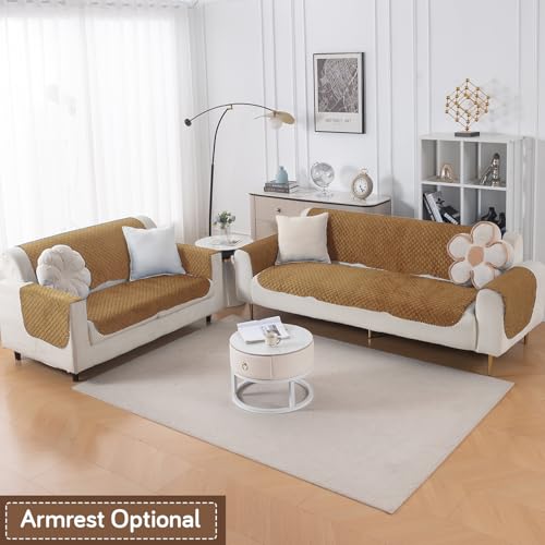 Image of HOKIPO Quilted Sofa Cover 5 Seater - (3+2) for Seat & Back | 'Quilt Classic' Golden (IN-927 * 2+926 * 2-GLD)