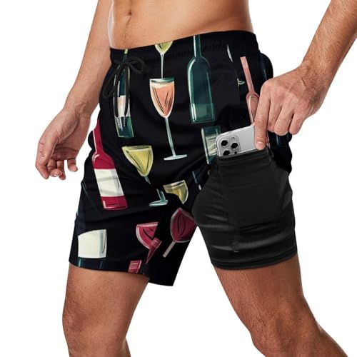 Wine Glass and Wine Bottle Beach Shorts for Men Swim Trunks Quick Dry Swim Shorts with Compression Liner Pocket2