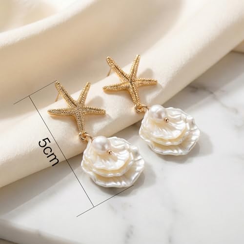 Image of Gold Starfish Mermaid Tail Dangle Drop Earrings for Women, Trendy Cute Pearl Fish Tail Shell Textured Hoop Dangling Earing Summer sea Beach Jewelry Gift.