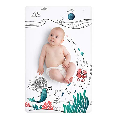 Image of JumpOff Jo - Fitted Mini Crib Sheet for Portable Crib, Playard, and Playpen Mattresses and Mats, Super Soft 100% Cotton, 24 in. x 38 in. - Moonlight Mermaid