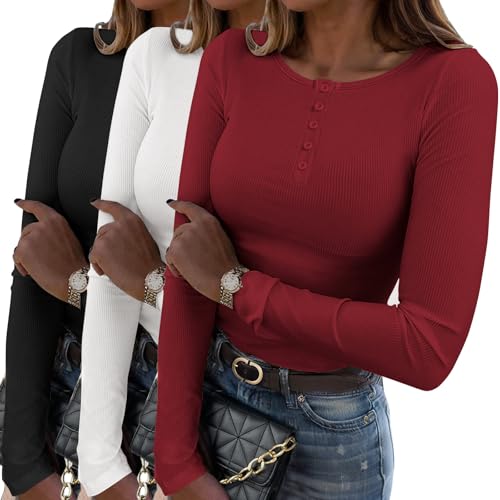 Zeagoo 3 Pack Womens Long Sleeve Shirts Crew Neck Basic
