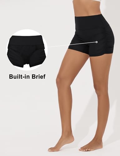 Women's 3" Swim Shorts High Waist Bathing Suit Bottoms Ruched Side Board Shorts4