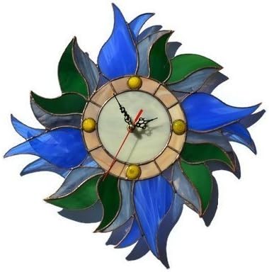 Boho Blue Tulip Wall Clock 12 Inch for Living Room Bedroom Kitchen, Unique Handmade Botanical Stained Glass Home Decor with Flowers and Leaves, Decorative Wreath Themed Tiffany Style Floral Art