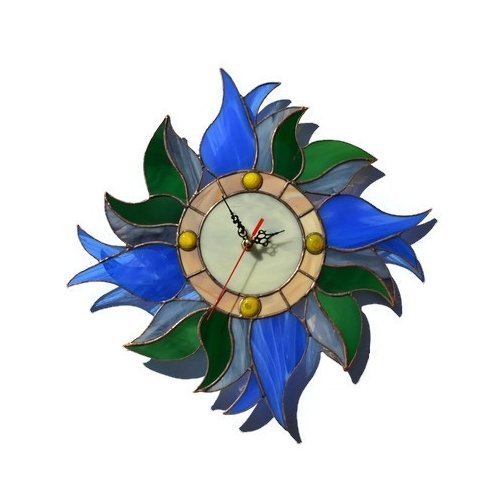 Boho Blue Tulip Wall Clock 12 Inch For Living Room Bedroom Kitchen, Unique Handmade Botanical Stained Glass Home Decor With Flowers And Leaves, Decorative Wreath Themed Tiffany Style Floral Art #TOP3