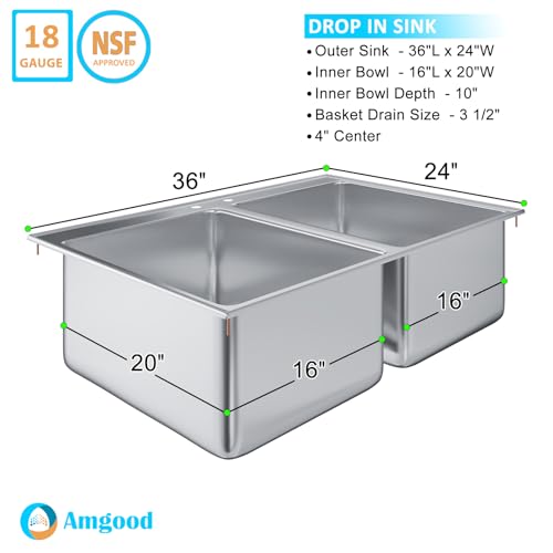 Image of Stainless Steel 2 Compartment Drop-In Sink. Bowl 16 in. x 20 in. x 12 in. No Faucet