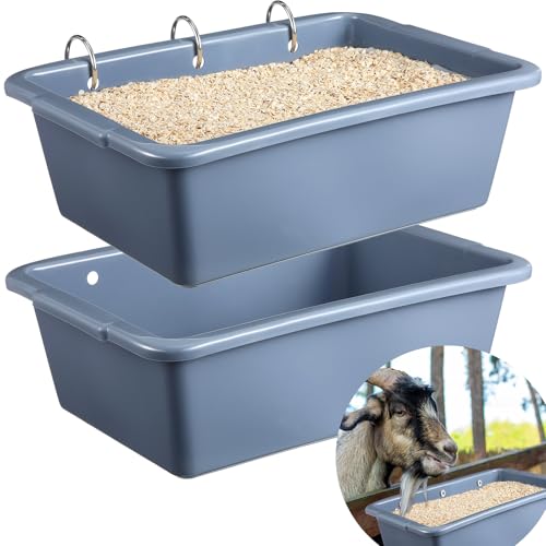 GlikCeil 2 Pcs 12 Qt Large Hanging Feeder Trough Goat Feeder with Clips Fence Feed Trough Livestock Feeding Container Waterer Bucket for Goat Sheep Chicken Dog Deer Turkey Outdoor Indoor
