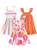 PATPAT Girls Multipack Dresses – Floral Orange Print, Stripe Dress & Bow Strap Sundress, Comfortable Cotton Outfits for Daily Wear, 6–7 Years