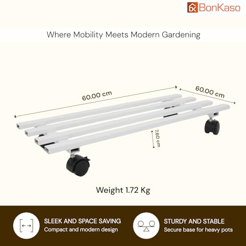 Image of BonKaso Rectangular Metal Plant Stand (Set of 2) with Wheels for Indoor & Outdoor Use (60x 22.9 x7.6 Cm) | Heavy Duty Flower Pot Holder | Holds Up to 100kg | Corner Plant Rack for Heavy Plants - White