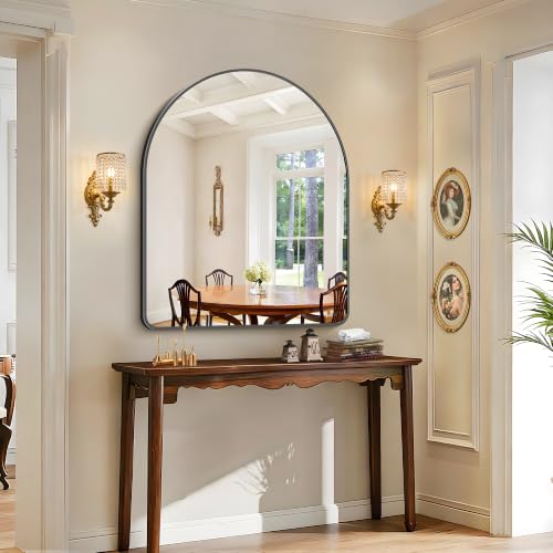 Image of FORBATH Arched Wall Mirror 40 inchx48 inch, Large Arch Bathroom Mirror Black Aluminum Wide Frame for Decor Dresser Mirror for Bedroom Living Room Entryway, Hanging or Leaning Against Wall