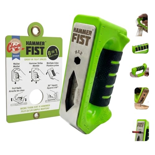 Hammer Fist 8-in-1 Multitool - Mallet Hammer & Nail Puller Non-Marring Mallet Hex Driver Ruler Square & Bottle Opener - Compact Palm Hammer for Women Seniors & DIY Home Repair (Green) - 1 Pack