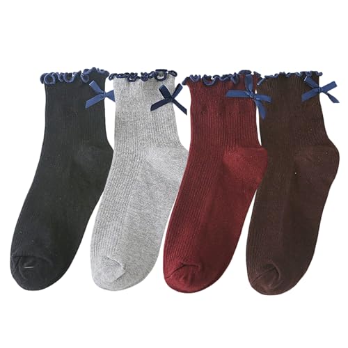 Starella Women's Ruffle Ankle Socks Cute Bow Frilly Lettuce Cotton Crew Sock 4 Pairs for Loafers