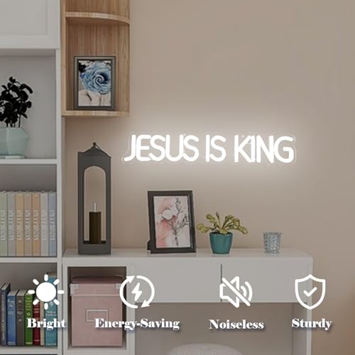 Image of Jesus Is King Neon Sign Jesus Led Sign Dimmable Christ Is King Neon Light Sign Easter Lights God Light Up Sign for Christian Wall Decor Easter Christmas Gifts