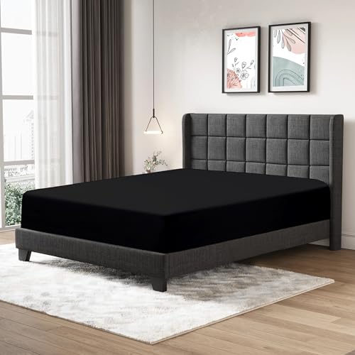 Image of Fitted Sheet 25cm Deep Mattress Pocket 100% Egyptian Cotton 200 Thread Count Soft & Fade Resistant Bottom Fitted Bed Sheet (Black, Single)
