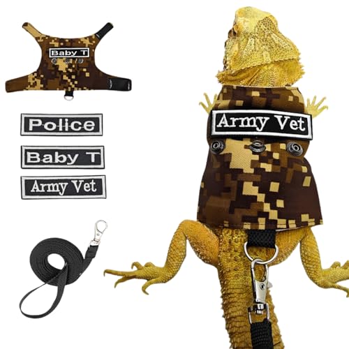 Image of Bearded Dragon Harness and Leash Set Lizard Reptile Small Animal Adjustable Harness Clothes with Short Leash and 3 Patches Decor for Walking Outdoor (Brown)