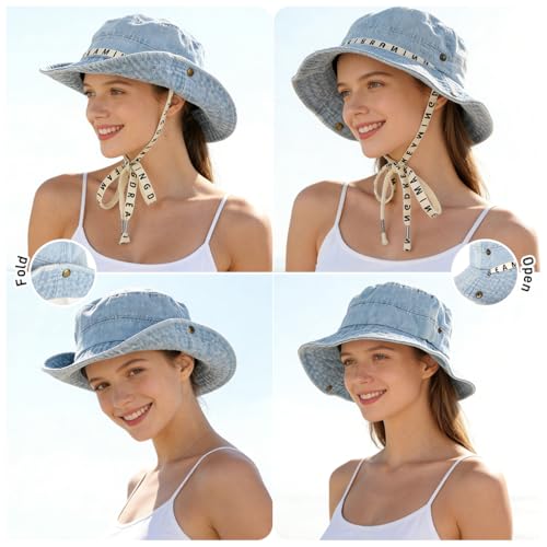 Image of SANNIDHI Sun Hats for Women Bucket Hat for Women, Wide Brim Summer UV Protection Beach Hat, Outdoor Casual Womens Hats with Chin Strap, Fashion Ladies