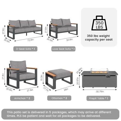 Image of Sundale Outdoor Aluminum Patio Furniture Set, 7 Piece Outdoor Conversation Sets with Fire Pit and 6 inch Thick Olefin Cushions, All Weather Outdoor Sectional Set for Deck, Lawn, Yard