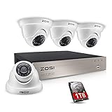 ZOSI Security Camera System 8CH 1080N/720P 4-IN-1 HD-TVI DVR Recorder with (4) 1.0MP 1280TVL Weatherproof Indoor/Outdoor Surveillance Dome Cameras, 1TB Hard Drive, Motion Alert& Remote Access (White)