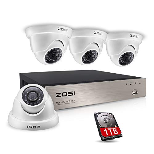 ZOSI Security Camera System 8CH 1080N/720P 4-IN-1 HD-TVI DVR Recorder with (4) 1.0MP 1280TVL Weatherproof Indoor/Outdoor Surveillance Dome Cameras, 1TB Hard Drive, Motion Alert& Remote Access (White)