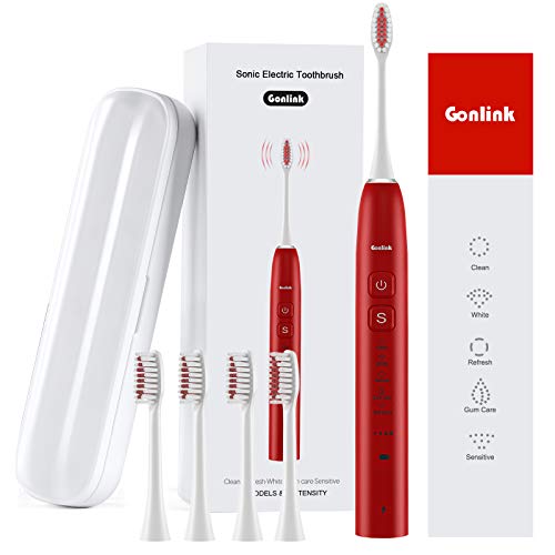 Gonlink Sonic Electric Toothbrushes for Adults Portable Travel Case 4 Replacement Brush Heads 5 Modes with Smart Timer, Waterproof Ultra Sonic Care Toothbrush Electric Rechargeable, Red