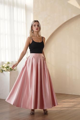 Women’s A-Line Satin Flared Maxi Skirt Long Floor Length High Waist Formal Prom Party Skirts with Pockets2