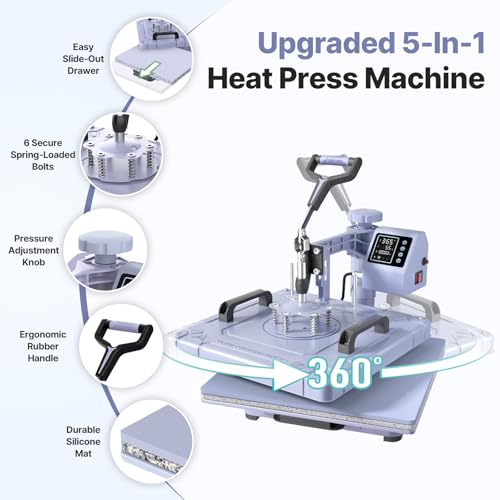 Image of Slendor 15x15 Inch Heat Press 5 in 1 Heat Press Machine, 360-Degree Swing Away Digital T Shirt Pressing Machine Multifunction Heat Transfer Sublimation Combo for T Shirts Mugs Hat Plate Cap