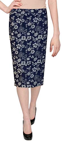 BABY O Women's Below The Knee Stretch Denim Floral Jacquard Pencil Skirt (Blue/White - 8)