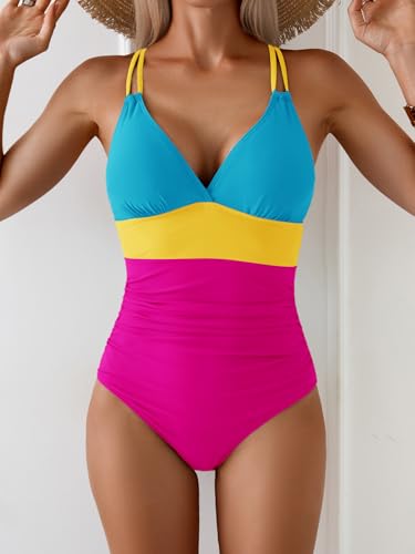 Image of Aidonger Women's One Piece Color Block Swimsuit Tummy Control Slimming Bathing Suit V Neck Cutout High Waisted Swimwear