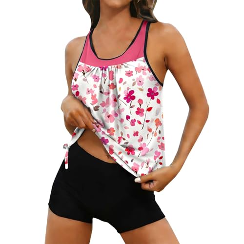 Traje de baño de mujer 2 piezas Shorty traje de baño sin mangas impreso Adelgazamiento Tankinis playa sexy con pantalones cortos Swimsuit baratos de cintura alta vainante vientre plano Beachwear, rosa