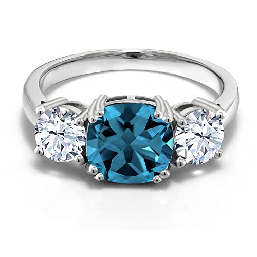 Gem Stone King 4.24 Cttw London Blue Topaz and White Zirconia 3 Stone Engagement Ring For Women | 925 Sterling Silver | Gemstone Birthstone | Cushion 8MM | Available in Size 5,6,7,8,93