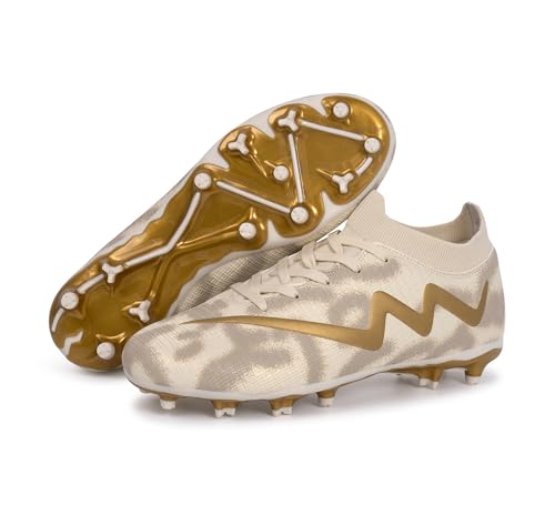 FEETHING Womens Cleats Soccer Cleats for Girls Youth Firm Ground FG Outdoor Football Shoes Lightweight Comfortable Rugby Boots,Beige/Gold,9
