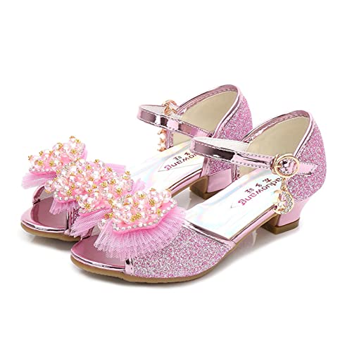 OMEARK Girls Princess Dress Up Shoes Kids Glitter Sparkly Low Heeled Peep Toe Sandals Rhinestone Pearls Bowknot Little Girls Wedding Party Ballroom Waltz Latin Dance Shoes