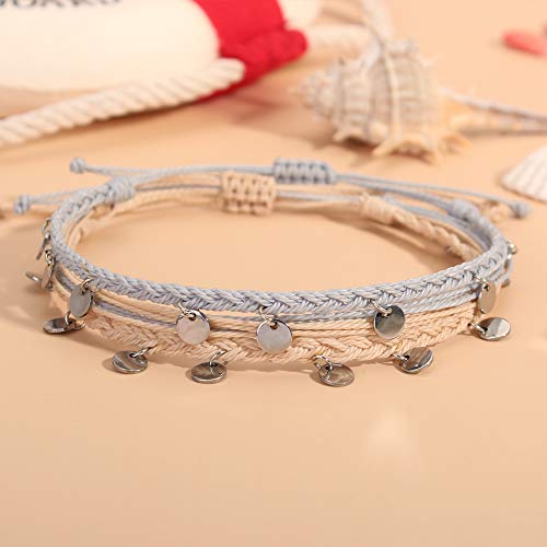Fancy Shiny String Ankle Bracelets Waterproof Rope Anklets Braided Beach Boho Coin Anklets Cute Friendship Foot Jewelry For Women Teen Girls(Ivory/Gray) #TOP3