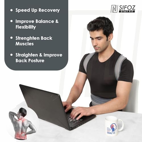 Image of Sifoz Free Size Grey Posture Corrector For Men And Women Back Support Belt Back Pain Back Straight And Shoulder Support Belt (Grey Metallic)