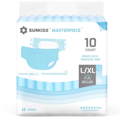 Image of SUNKISS Masterpiece Adult Diapers with Tabs, Unisex, L /XL, Blue, 10 Count | Ultra High Absorbency, Plastic-backed Briefs, Refastenable Tabs, Odor Control, Leak Protection for Daytime & Overnight Use