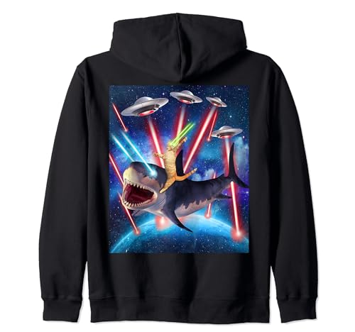 Space Cat Riding Shark Laser Eyes UFO Funny Kitty Cat Zip Hoodie
