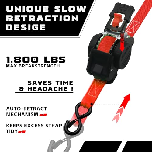Image of Retractable Ratchet Straps 1 inch x 13Ft, Heavy Duty Self Retracting Tie Down Straps, 1800lb Break Strength Auto Retract Cargo Straps for Truck, Trailer, Motorcycle, ATV, UTV, (Red, 2 Pack)