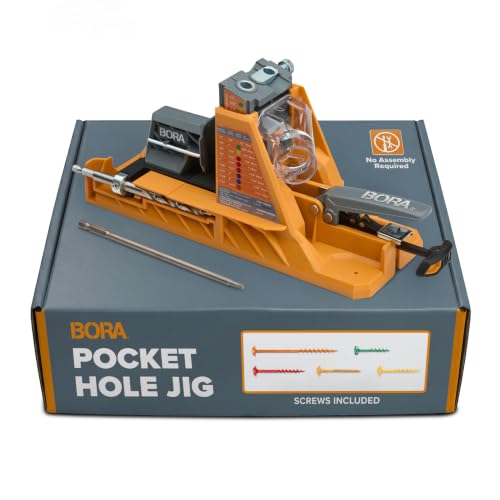 BORA Automatic Pocket Hole Jig with 50 Color-Coated Screws, Auto Adjusting Drill Guide, Pocket Hole Jig Kit for Woodworking - For Materials 1/2 inch to 1 1/2 inch Thick, BR-A170201