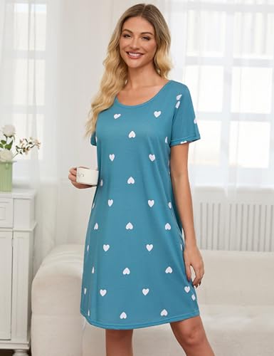 Image of ENJOYNIGHT Womens Cotton Nightgown Short Sleeve Sleepshirt Print Nightshirt | Short-Sleeve Crew Neck, Soft Cotton Fabric, Cartoon Printed Sleep Shirt, Loose Fit
